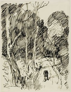 Boslandschap met zwerver door Théophile Alexandre Pierre Steinlen
