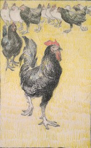 Haan, gevolgd door zwart-witte kippen door Théophile Alexandre Steinlen