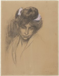 Donker meisjeskopje, naar voren neerziend, met een paars lint in het haar gewonden door Théophile Alexandre Steinlen