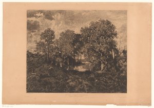 Gezicht op het bos van Fontainebleau met een figuur bij een plas door Théophile Chauvel