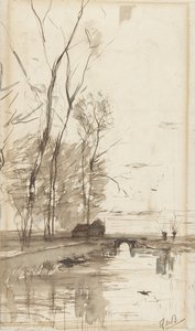 Vaartgezicht met hoge bomen, een boerderijtje en een brug door Théophile de Bock (possibly)