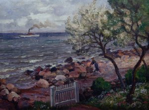 Zomerlandschap met tuinhek en vrouw door Thorolf Holmboe
