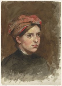 Portret van een jonge vrouw met een rode hoofddoek