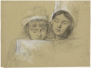 Twee meisjes met witte mutsen, lezend in een boek
