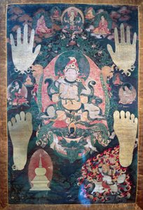 Gnya-Khri btsan-Po, legendarische eerste koning van Tibet, reïncarnatie van bodhisattva Avalokitesvara, een van de tijdelijke en spirituele leiders van Tibet, schilderij op doek, Tibetaanse beschaving