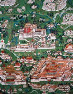 De stad Lhasa en de Potala, gekleurde gravure door Tibetan School