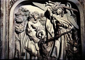 Graf van Hendrik II (973-1024) en zijn vrouw Kunigunde, detail van het wegen van het hart van Hendrik II in aanwezigheid van St. Laurentius door Tilman Riemenschneider
