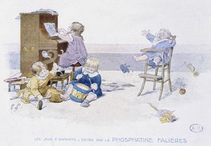 Kinderspelen: kinderen spelen verschillende muziekinstrumenten - tek. door Lobrichon, uitgegeven door Phosphatine Falières, ca. 1920 door Timoleon Marie Lobrichon