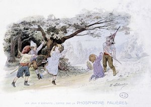 Kinderspelen: kinderen spelen oorlog, soldaten - tek. door Lobrichon, ed. door Phosphatine Falières, ca. 1920 door Timoleon Marie Lobrichon