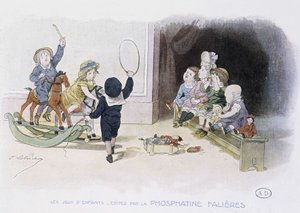 Kinderspelen: kinderen met verschillende speelgoed (hoepel, hobbelpaard, poppen...) - tek. door Lobrichon, ed. door Phosphatine Falieres, ca. 1920 door Timoleon Marie Lobrichon