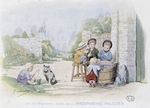 Kinderspelen: het spel van vissen in een emmer - tek. door Lobrichon, uitgegeven door Phosphatine Falieres, ca. 1920 door Timoleon Marie Lobrichon