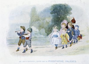 Kinderspelen: trouwstoet, kinderen verkleed als bruiden - getekend door Lobrichon, uitgegeven door Phosphatine Falières, circa 1920 door Timoleon Marie Lobrichon