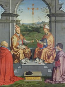 Heiligen Thomas Becket en Martinus van Tours aanbeden door bisschop Giovanni Pietro Arrivabene en zijn neef Giacomo door Timoteo Viti