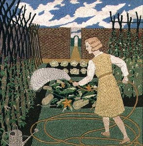 Een Vrouw die de Tuin Bewatert door Tirzah Ravilious