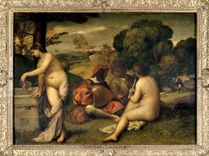 Het bandconcert Muzikanten op het gras, de twee vrouwen zijn naakt, een van hen vult haar kruik met water bij een fontein. Schilderij toegeschreven aan Tiziano Vecellio genaamd Titiaan (1485-1576) of Giorgio da Castelfranco genaamd Giorgione (1476/1478-151