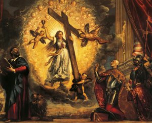 Doge Antonio Grimani knielend voor Geloof en St. Marcus, door Titiaan door Titian (c.1488 1576)