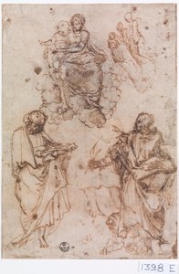 Madonna en Kind zittend op wolken met heiligen of apostelen