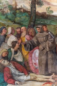 Sint Antonius hecht de voet van een jonge man weer aan, School van de Heilige (detail) door Titian (c.1488 1576)