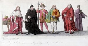 Adellijke Venetianen (Doge, Page en Senator). Gravure geïnspireerd door Tiziano Vecellio bekend als Le Titian (1485-1576) en gerepliceerd in de mozaïeken van de Basiliek van San Marco. In 