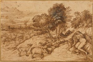 Een bosrijk landschap met een naakte vrouw, haar hoofd bedekt door een mantel