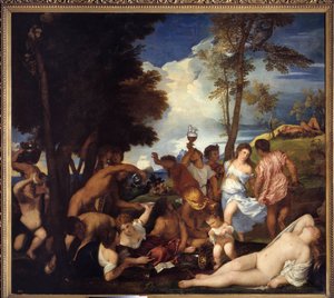 Aankomst van Bacchus op het eiland Andros (Baccanale degli Andrii). Beeld van feest van saters en bacchanten ter ere van de god Bacchus (Bacchanaal). Schilderij door Tiziano Vecellio genaamd de Titiaan (1485-1576), v door Tiziano Vecelli