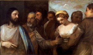 Christus en de overspelige vrouw door Tiziano Vecelli