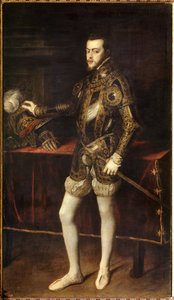 Portret van Filips II (1527-1598) op 24-jarige leeftijd, zoon van Karel V. Schilderij door Tiziano Vecellio genaamd De Titiaan (1485-1576)