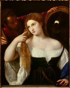 Portret van een vrouw met haar toilet. Een spiegel erachter weerspiegelt de scène. Een dienaar houdt een andere spiegel voor haar, ze kijkt rustig naar zichzelf. De jonge vrouw zou Laura Dianti zijn, minnares van Alfonso I d