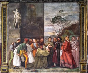 De baby verkondigt de onschuld van de moeder, de noordelijke muur, School van de Heilige (detail) door Titian (c.1488 1576)