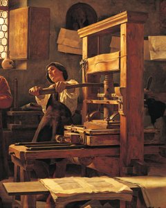 De drukker Bernardo Cennini in zijn werkplaats