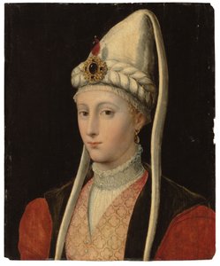 Portret van een vrouw, mogelijk Haseki Hürrem Sultan, genaamd Roxelana, borstbeeld, in Ottomaanse kleding, met een juwelen hoofdband
