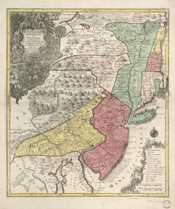 Kaart van New England en noordelijke Chesapeake regio (vertekend) door Tobias Conrad Lotter