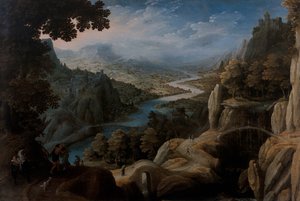 Een uitgestrekt bergachtig rivierlandschap met de verzoening van Jacob en Laban, een versterkte stad op een klif daarachter
