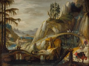 Reizigers in een Alpenlandschap