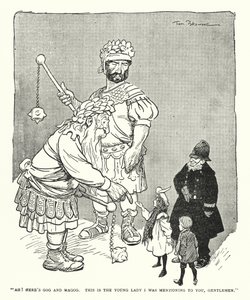 "Ah! Hier zijn Gog en Magog, Dit is de jonge dame die ik u noemde, heren" (litho) door Tom Browne