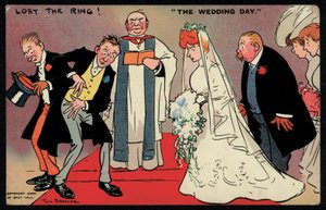 Bruidegom en getuige kunnen de ring niet vinden op een bruiloft (chromolitho)