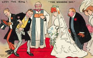 Bruidegom en zijn getuige kunnen de ring niet vinden op de trouwdag (kleur litho)