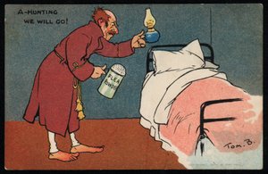 Man die op zoek is naar vlooien in zijn bed door Tom Browne