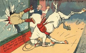 Man uit een raam geworpen door een paard door Tom Browne