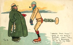 Man met een apparaat om hem weer op zijn voeten te krijgen als hij valt tijdens het schaatsen door Tom Browne