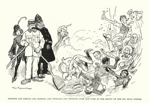 Draaiend en schoppend en stotend en draaiend en draaiend over en over bij de mond van de grote koperen tuit (litho) door Tom Browne