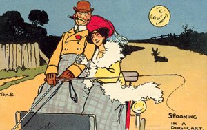 Flirten in een hondenkar (chromolitho) door Tom Browne