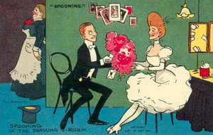 Flirten in de kleedkamer (chromolitho)