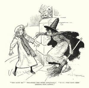 "Ken je me?" fluisterde de heks triomfantelijk, "Ik ben het die Tony op een dwaalspoor heeft gebracht" (litho)