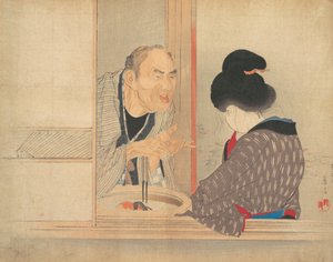 Een Scheldende Ochiyo, illustratie uit Bugei Kurabu Literair Club door Tomioka Eisen
