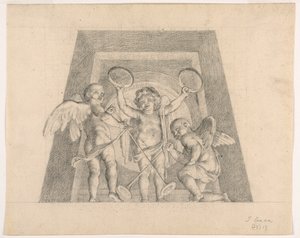Drie Putti met Tamboerijnen en Trompetten, Ontwerp voor Lunet van de Sala delle Muse, Museo Pio-Clementino, Vaticaan