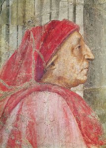 De Heilige Drie-eenheid, detail van het hoofd van de mannelijke donor, 1427-28 fresco (detail) door Tommaso Masaccio