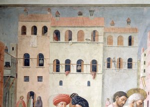 St. Peter geneest een kreupele en de opwekking van Tabitha, detail van de achtergrondarchitectuur door Tommaso Masolino da Panicale