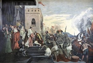 Ontvangst van Christoffel Columbus door het Spaanse hof in Barcelona door Tony (after) Robert Fleury