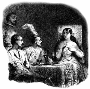 Een jonge vrouw en drie mannen die voor glazen wijn staan. (detail) door Tony Johannot